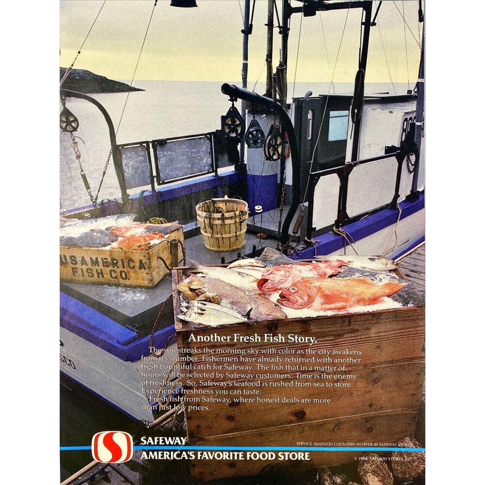 Safeway America's Favorite Food Store. Fishing Boat with Catch Vtg Print Ad 1986